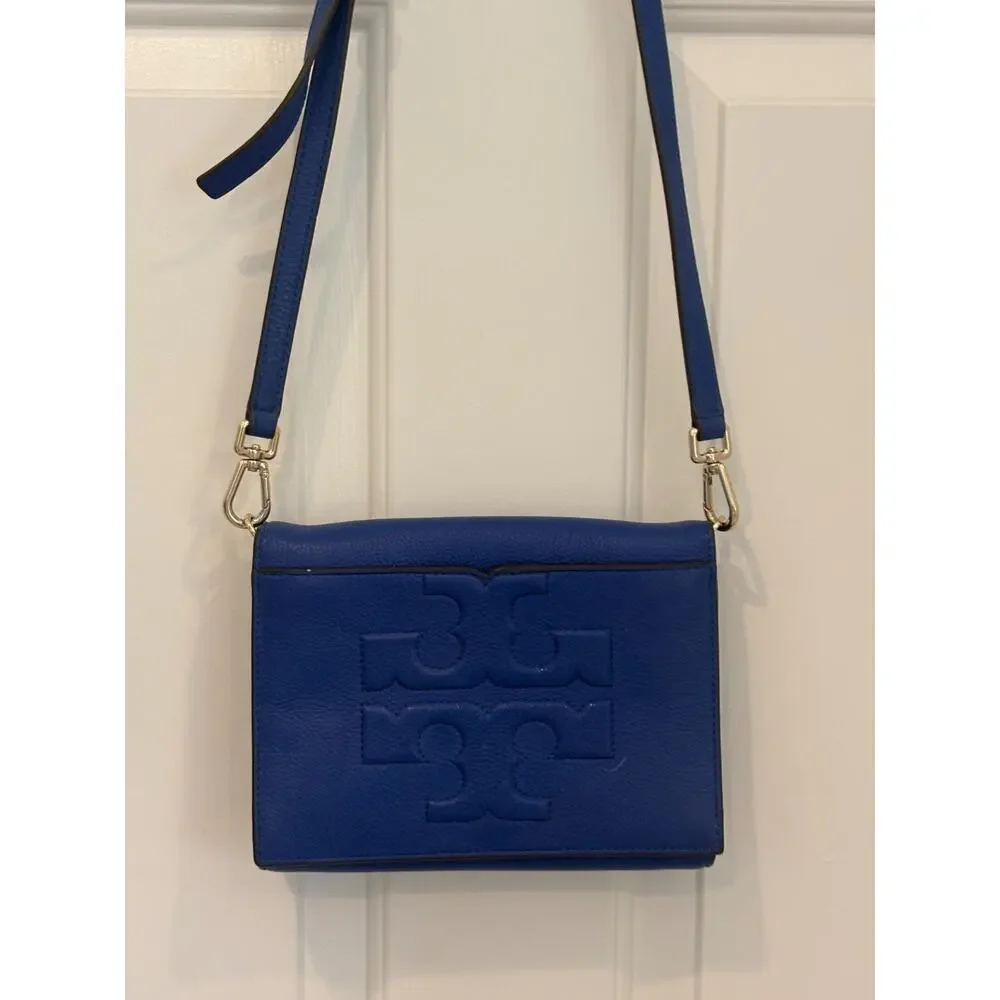 Tory Burch Bombe T Combo Crossbody Bag Royal Blue Pebbled Leather Clutch Flap
